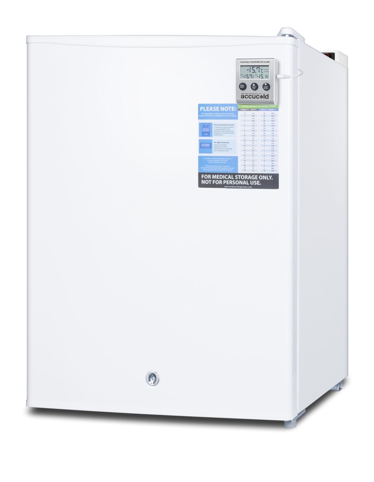 Countertop vaccine storage all-freezer with digital thermostat, temperature alarm, hospital grade cord, self-closing door, and front lock